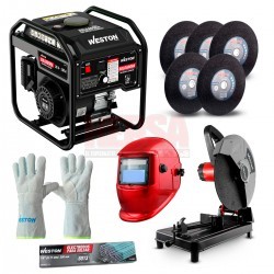 SOLDADORA MOTOR A GASOLINA CW-107 + CORTADORA DE METALES 14" + 5 DISCOS ABRASIVOS + CARETA ELECTRÓNICA + GUANTE SOLDADOR + ELECT